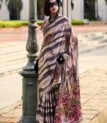 beige floral satin saree