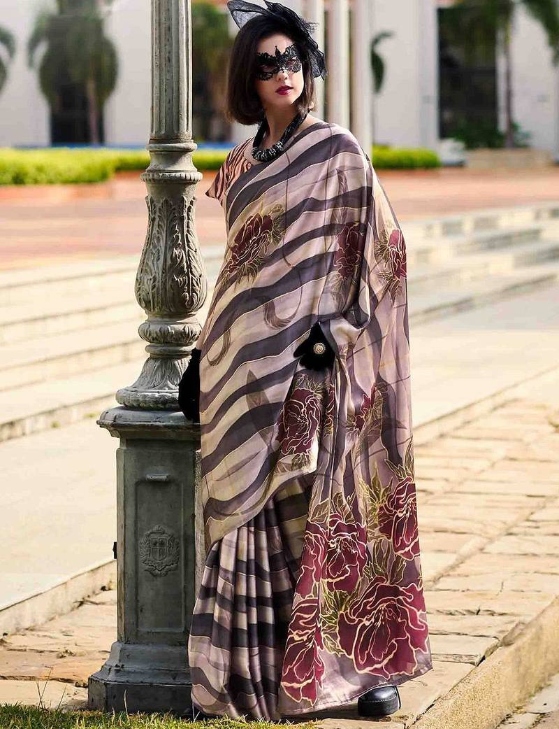 beige floral satin saree