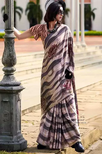 beige floral satin saree