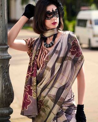 beige floral satin saree 3