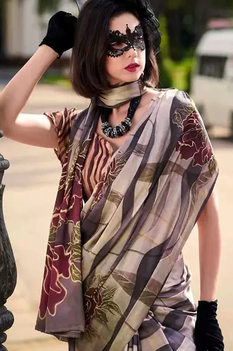 beige floral satin saree
