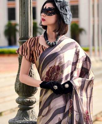 beige floral satin saree 4
