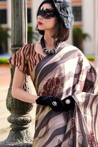 beige floral satin saree