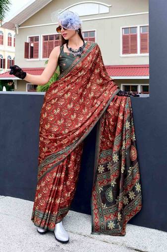 maroon floral printed satin saree