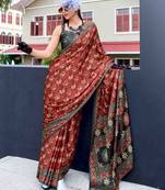 maroon floral printed satin saree