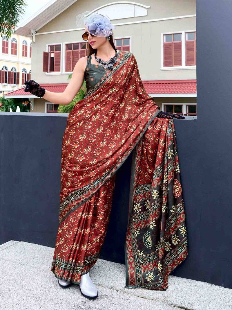 maroon floral printed satin saree