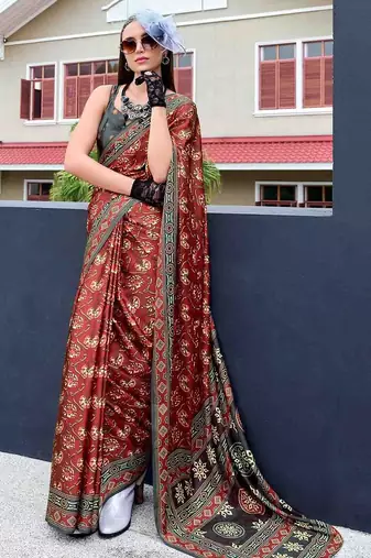 maroon floral printed satin saree