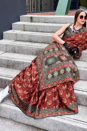 maroon floral printed satin saree