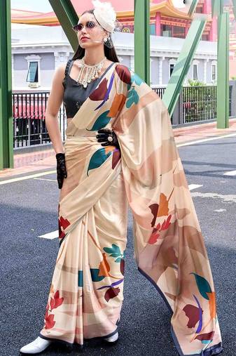 cream floral printed saree