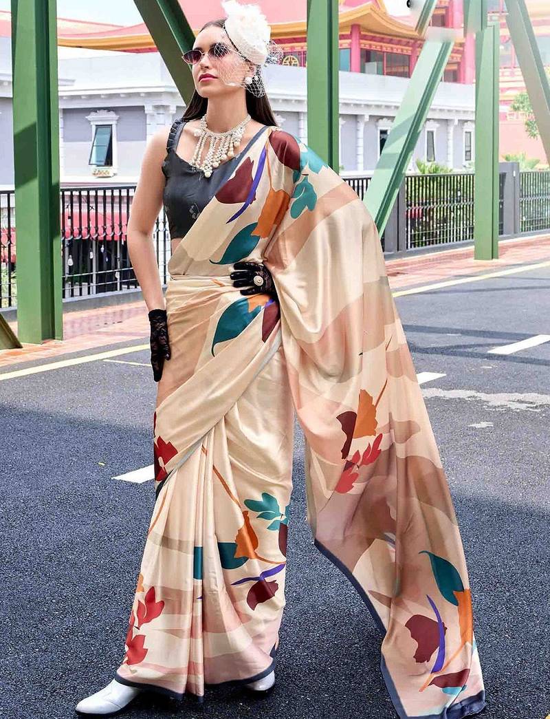 cream floral printed saree