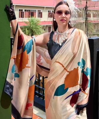 cream floral printed saree 3