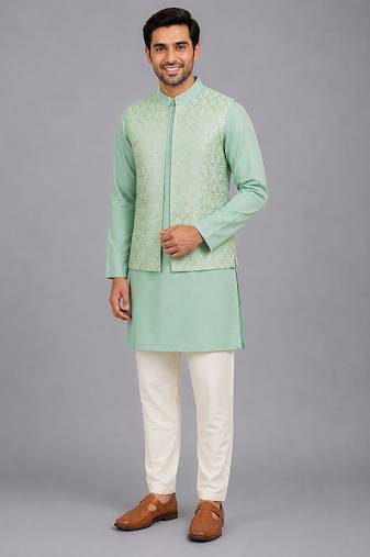 Mint green woven cotton silk Men Kurta Set
