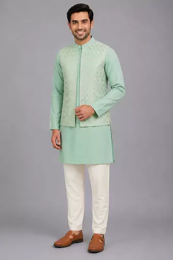 Mint green woven cotton silk Men Kurta Set