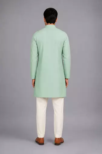 Mint green woven cotton silk Men Kurta Set