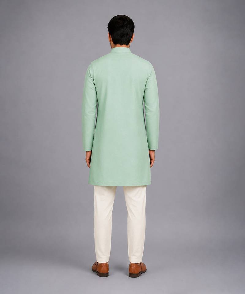 Mint green woven cotton silk Men Kurta Set