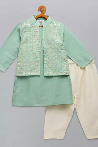 Mint green woven cotton silk Men Kurta Set