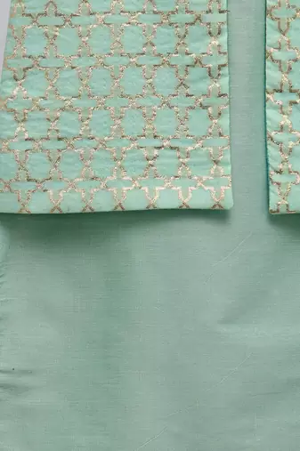 Mint green woven cotton silk Men Kurta Set