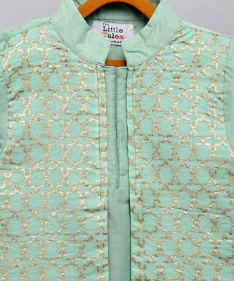 Mint green woven cotton silk Men Kurta Set 5