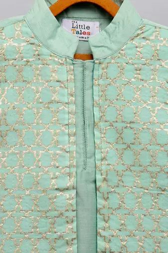 Mint green woven cotton silk Men Kurta Set