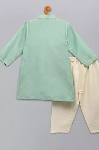 Mint green woven cotton silk Men Kurta Set