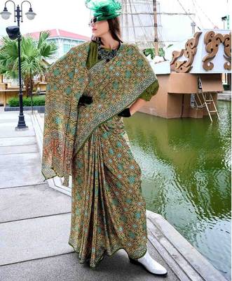 green ethnic motifs printed satin saree 1