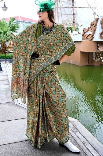 green ethnic motifs printed satin saree
