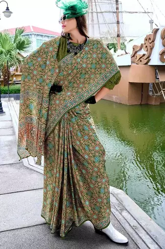 green ethnic motifs printed satin saree