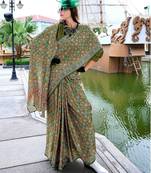 green ethnic motifs printed satin saree