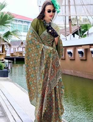 green ethnic motifs printed satin saree 2