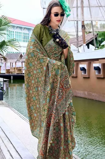 green ethnic motifs printed satin saree