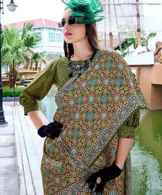 green ethnic motifs printed satin saree 3