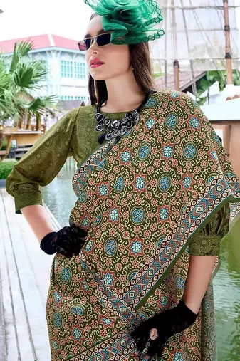 green ethnic motifs printed satin saree