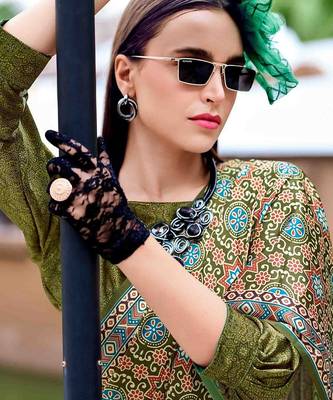 green ethnic motifs printed satin saree 4