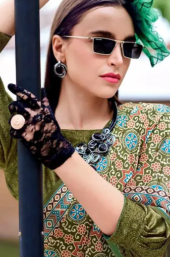 green ethnic motifs printed satin saree