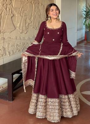 Maroon embroidered anarkali kurta set with pant and dupatta for women 1