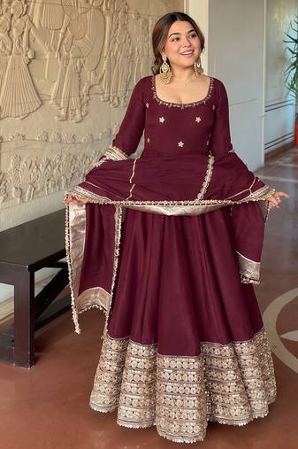Maroon embroidered anarkali kurta set with pant and dupatta for women