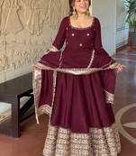 Maroon embroidered anarkali kurta set with pant and dupatta for women