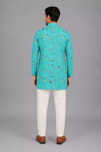 blue printed cotton silk kurta set for men