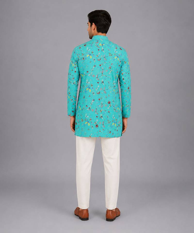 blue printed cotton silk kurta set for men