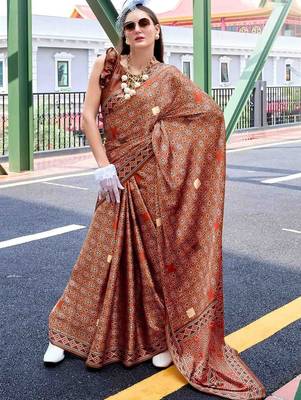 brown ethnic motifs printed saree 1