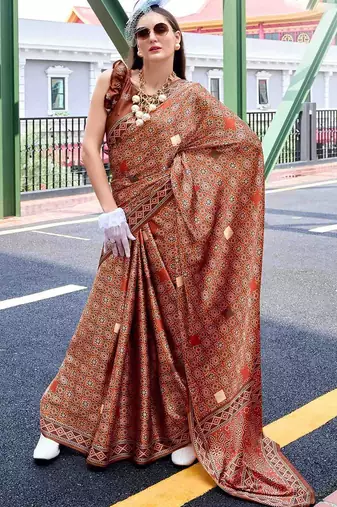brown ethnic motifs printed saree