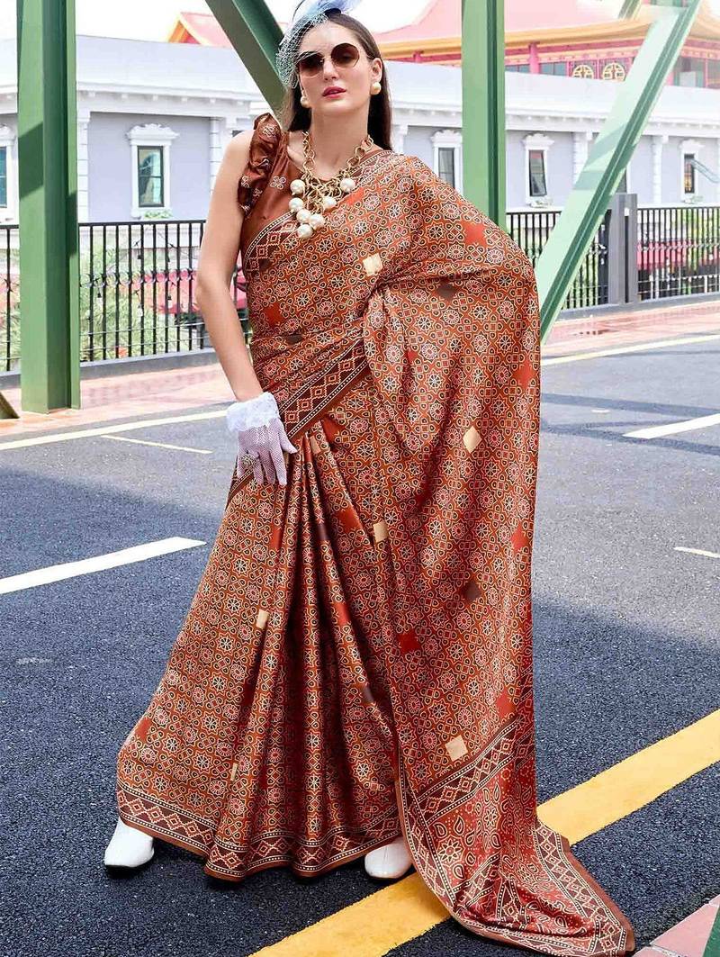brown ethnic motifs printed saree