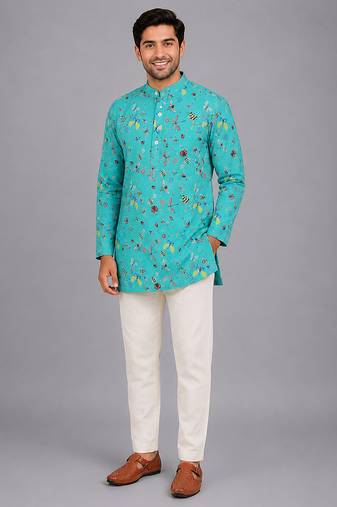 blue printed cotton silk kurta set for men
