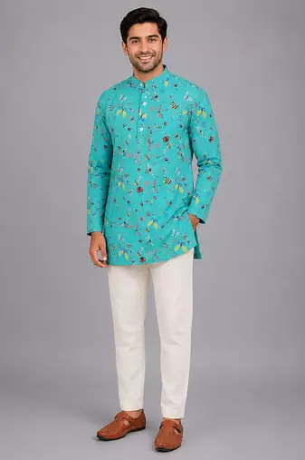 blue printed cotton silk kurta set for men