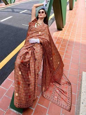brown ethnic motifs printed saree 2
