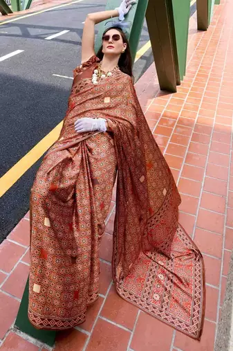 brown ethnic motifs printed saree