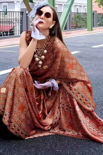 brown ethnic motifs printed saree