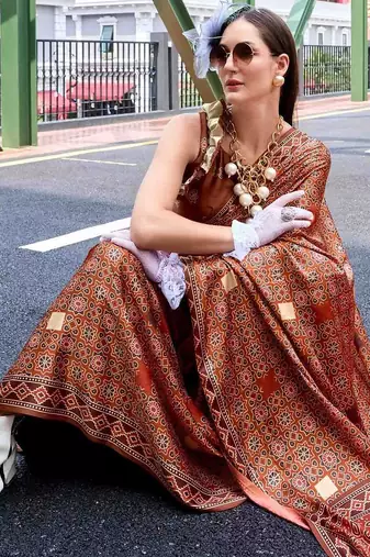 brown ethnic motifs printed saree