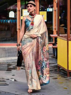 beige floral printed satin saree 1
