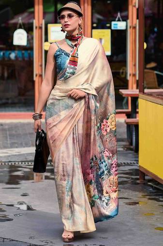 beige floral printed satin saree